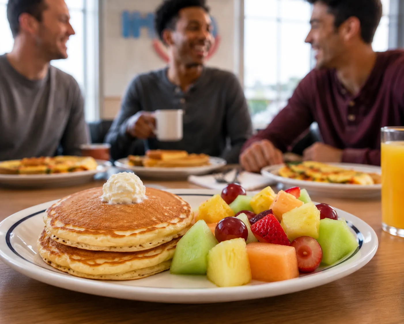 Balanced breakfast plate with pancakes and fresh fruit, related to eating lighter at IHOP