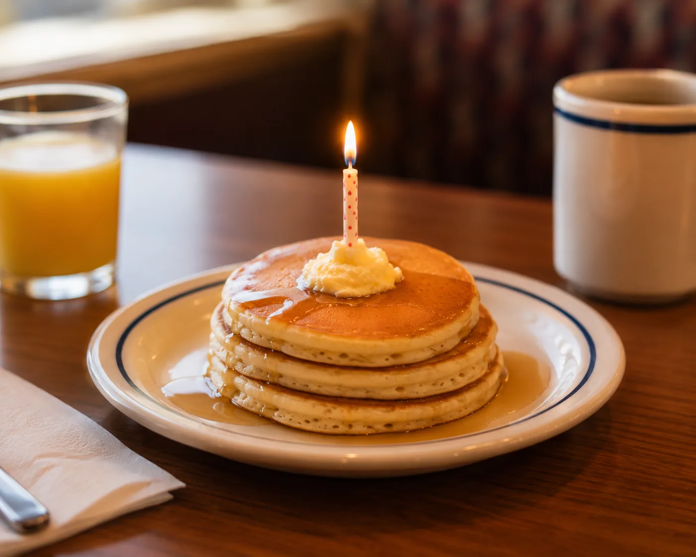 Pancake stack with a birthday candle, related to celebrating birthdays on the IHOP kids menu
