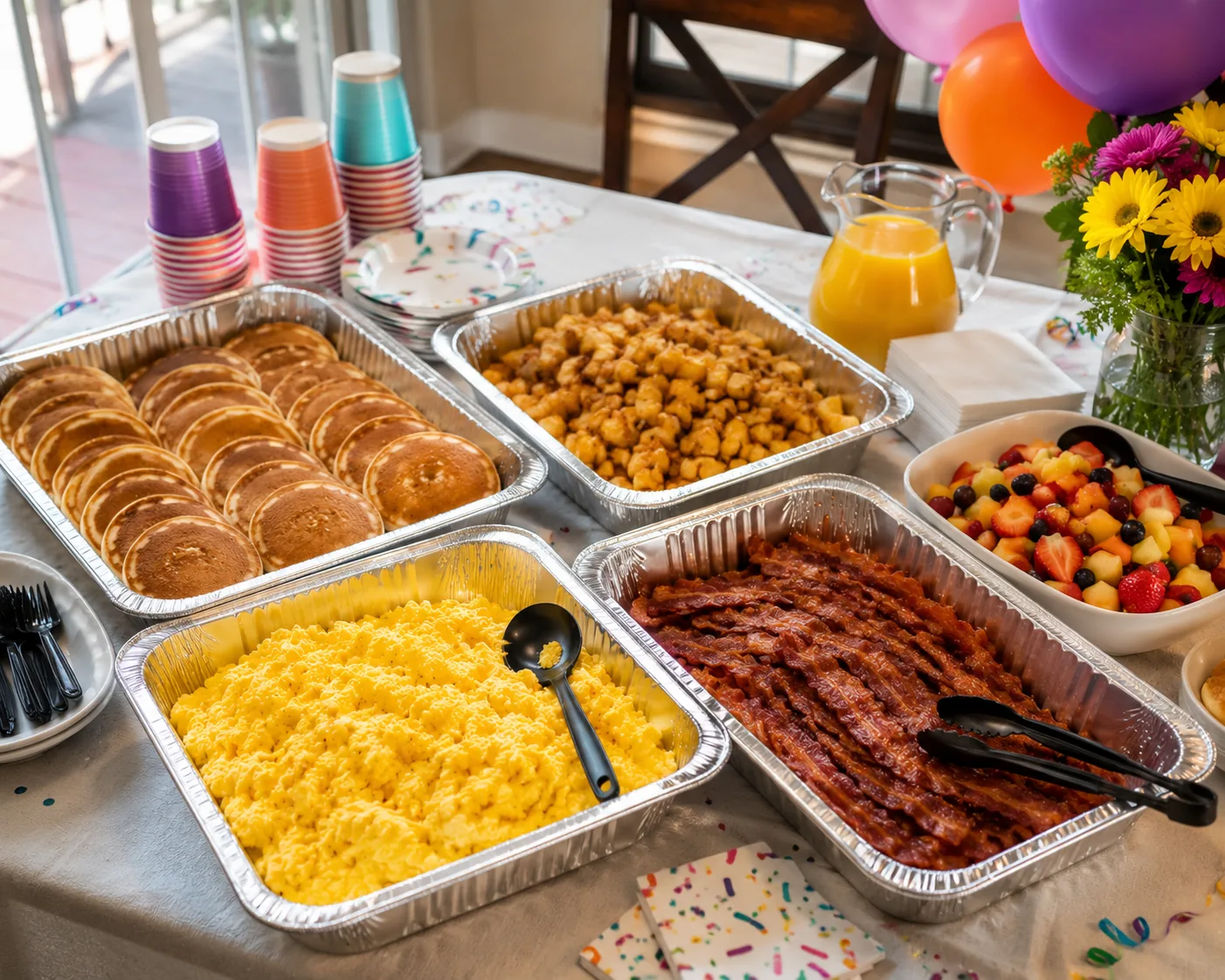 Birthday party table with breakfast catering trays, related to IHOP catering for events
