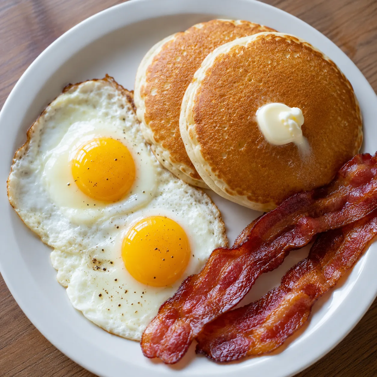 Breakfast combo plate similar to IHOP's 2x2x2 combo with eggs, pancakes, and bacon