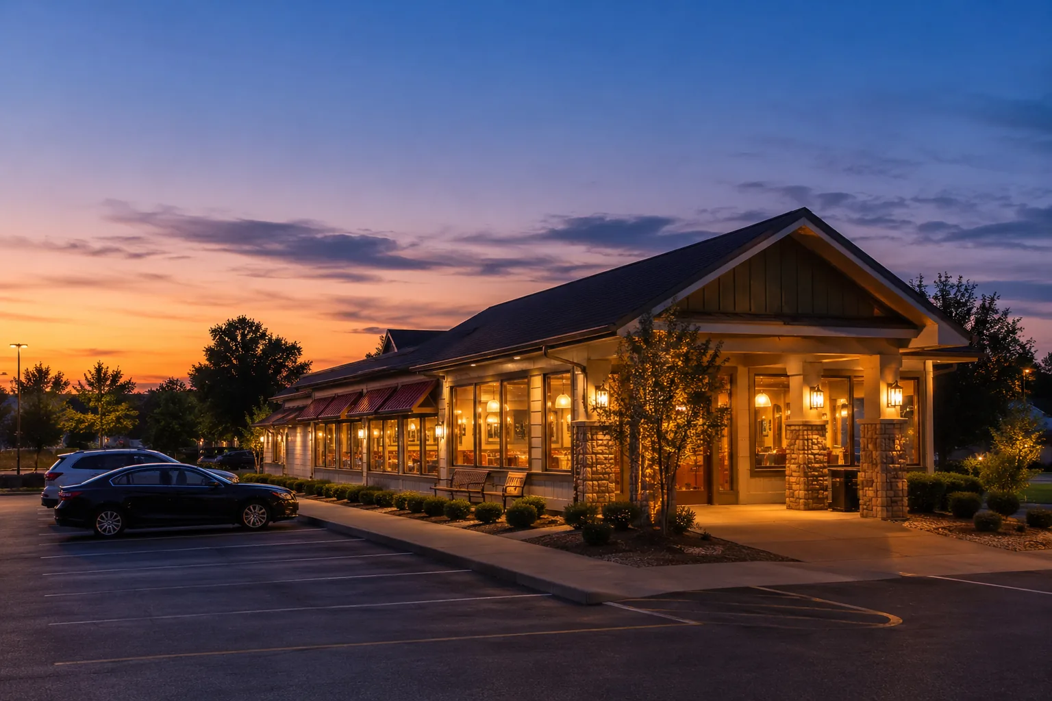 Casual diner exterior at dusk, illustrating choosing between breakfast chains for kids eat free deals