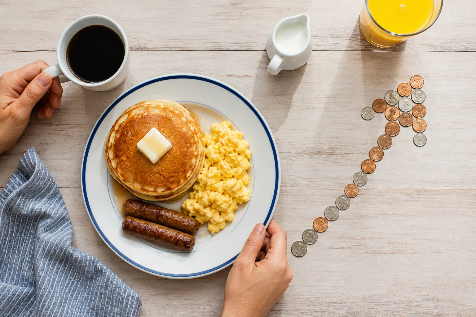 Breakfast plate with coins forming an upward arrow, representing rising restaurant prices at IHOP