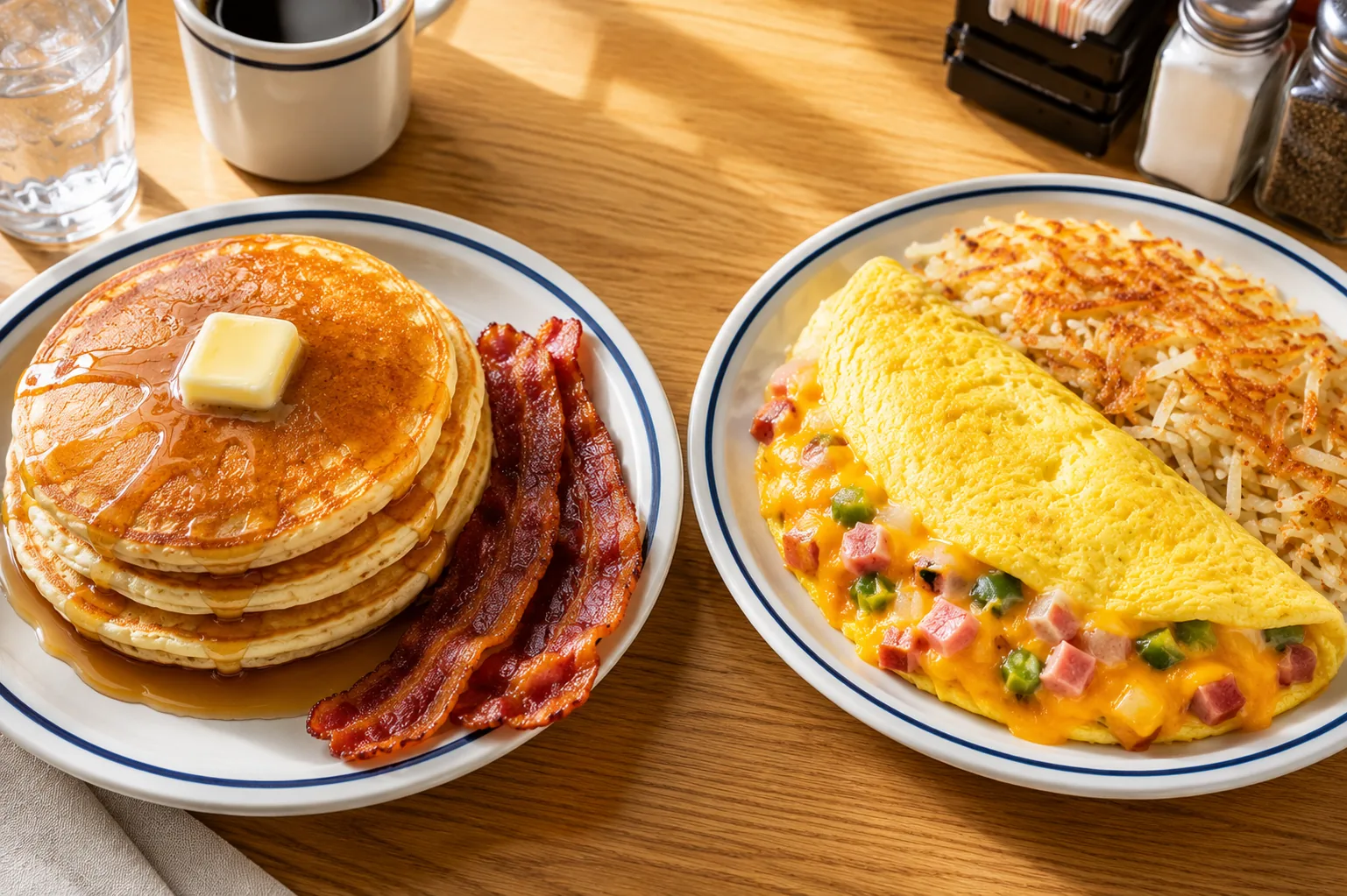Two breakfast plates side by side showing pancakes and omelette options on the IHOP breakfast menu