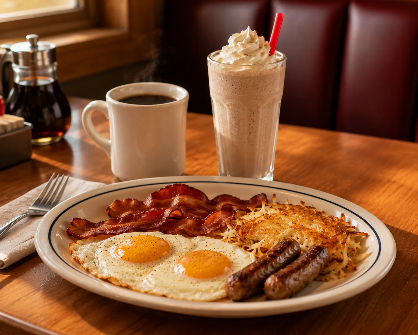 Breakfast plate paired with coffee and a milkshake, related to IHOP's drinks menu