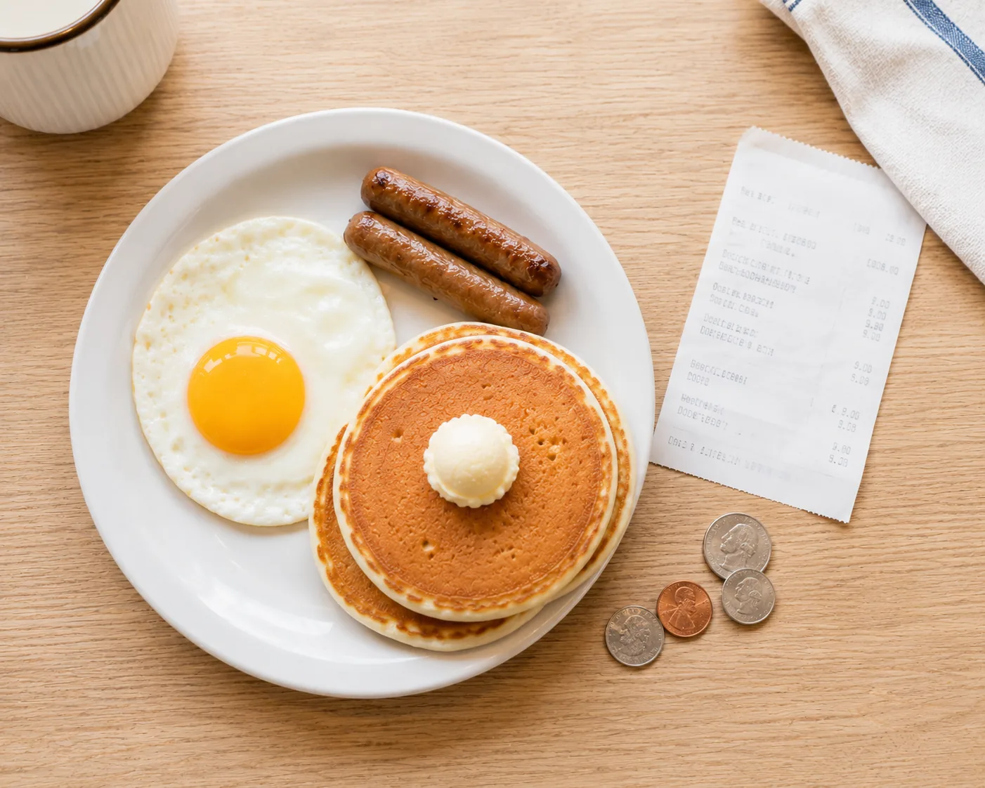 Small affordable breakfast plate with coins, illustrating IHOP's value menu pricing