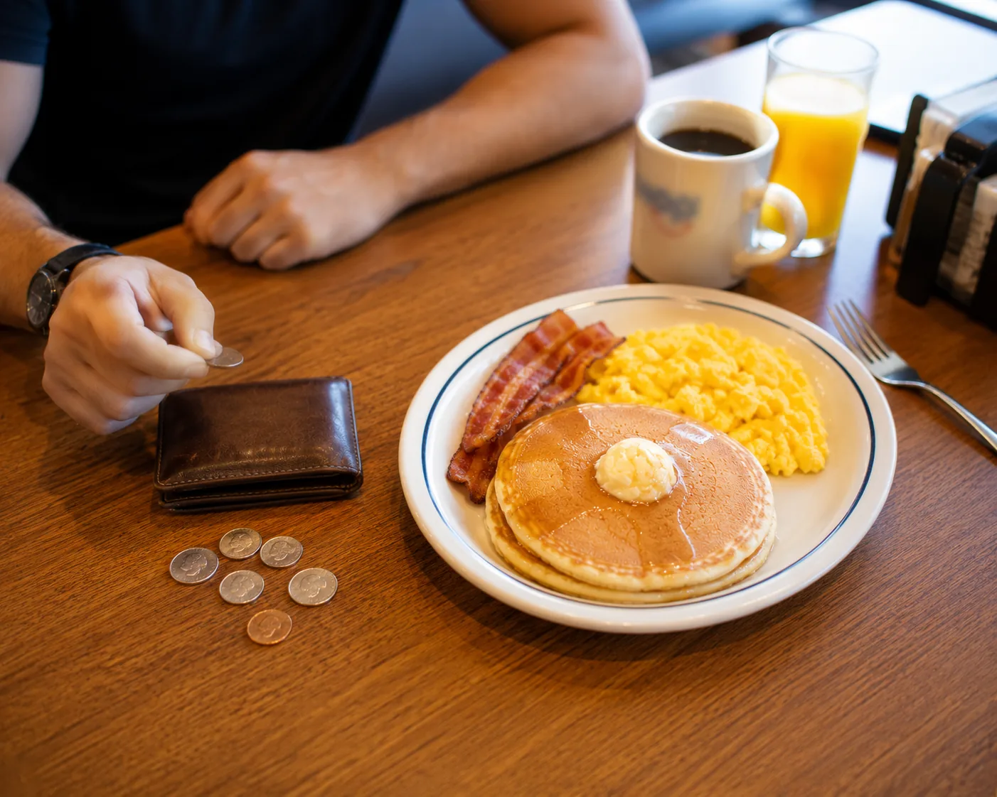 Budget breakfast plate with coins on a diner table, related to saving money on IHOP combos