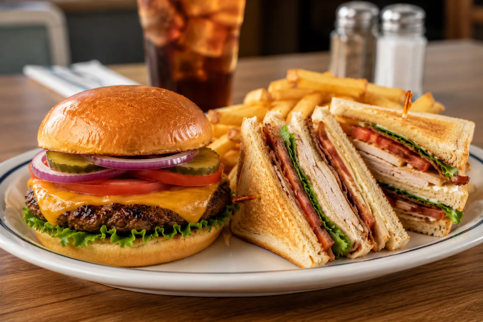 Burger and club sandwich side by side, comparing IHOP's lunch and dinner menu options
