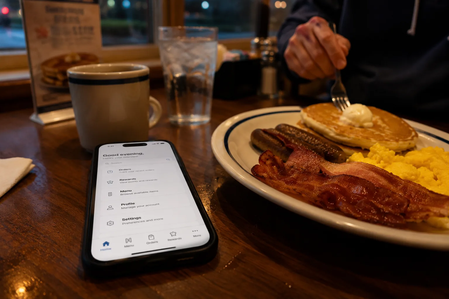Checking allergen information on a phone at a diner table, related to IHOP allergen menu information