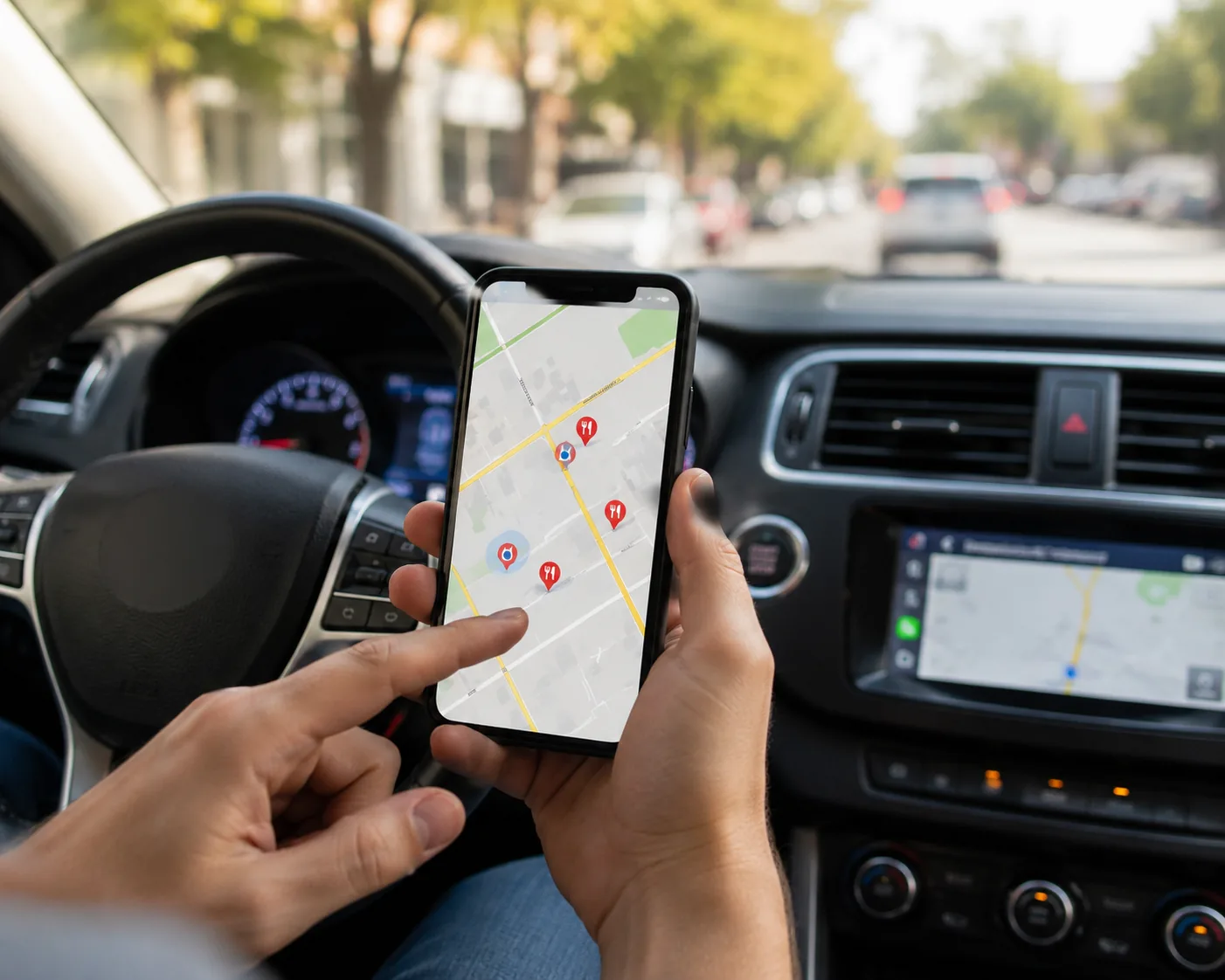 Checking nearby restaurant options on a phone, related to choosing between IHOP, Denny's, and Waffle House