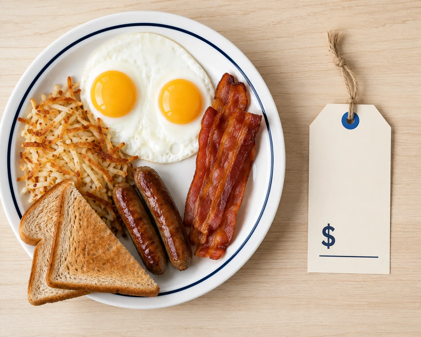 Breakfast plate with a price tag, comparing pricing across IHOP, Denny's, and Waffle House