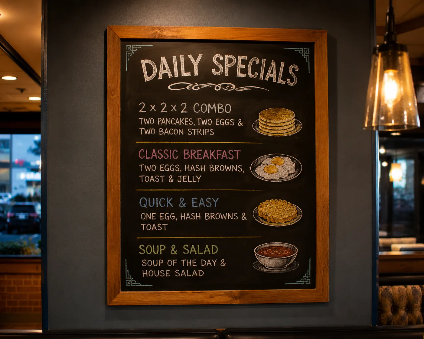Diner specials chalkboard, related to IHOP's value menu and cheapest ordering options