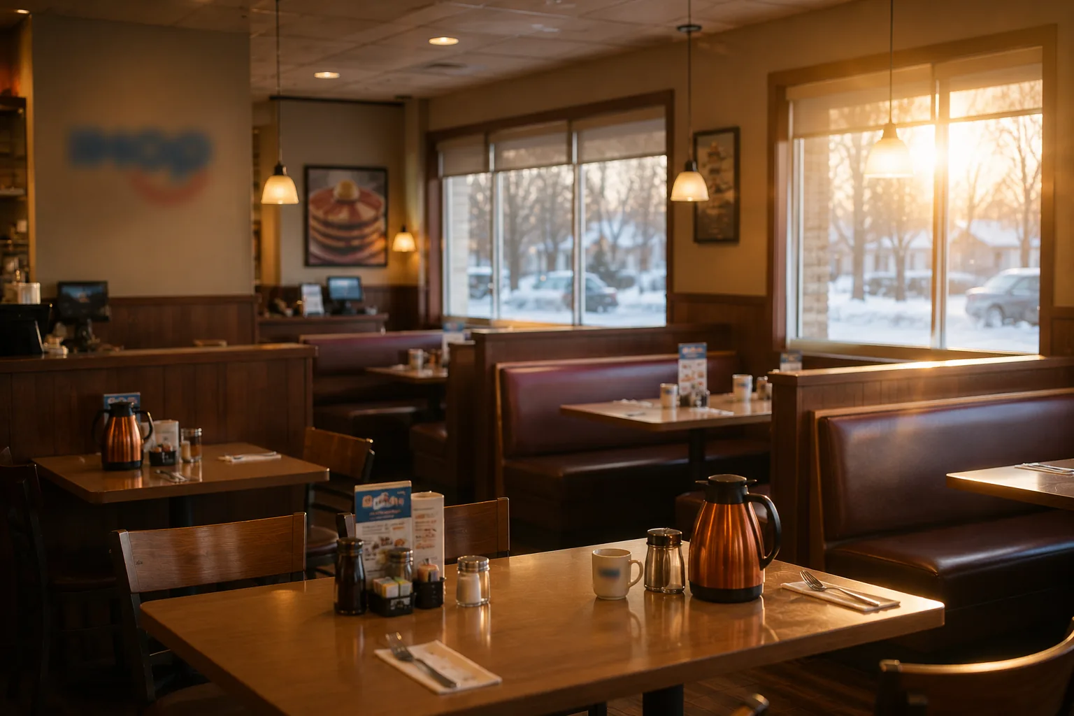 Quiet early morning diner interior, related to visiting IHOP early on a holiday to avoid crowds