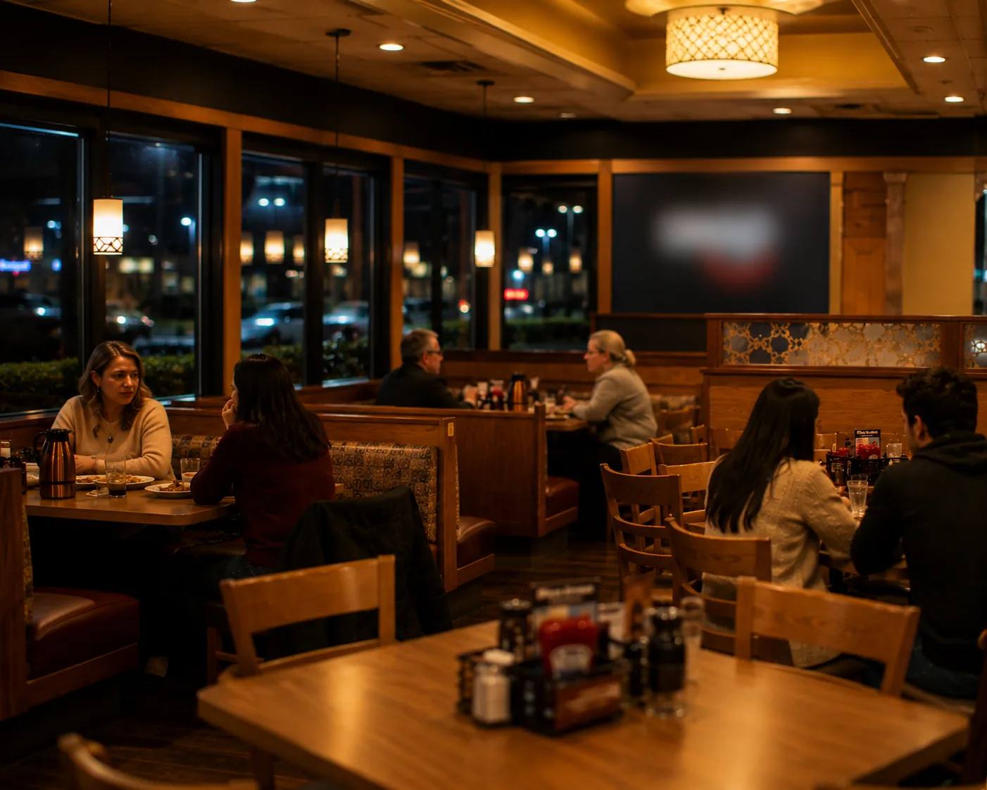 Diner interior in the evening, related to IHOP's dinner hours and menu options