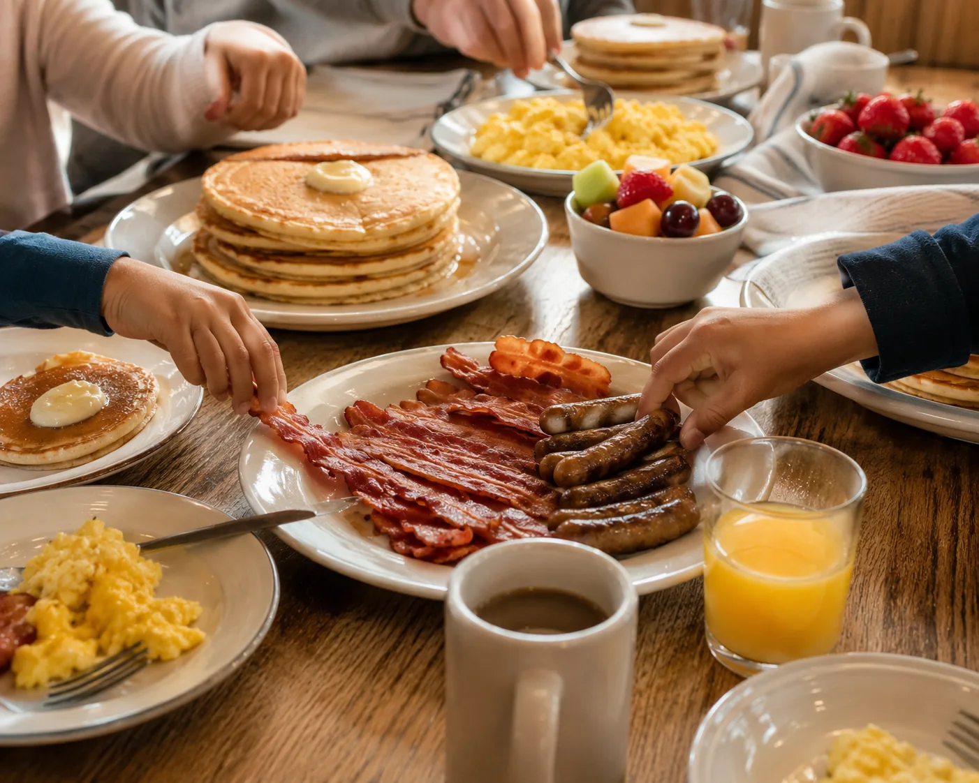 Family sharing breakfast platters at a table, related to IHOP's Family Feast value