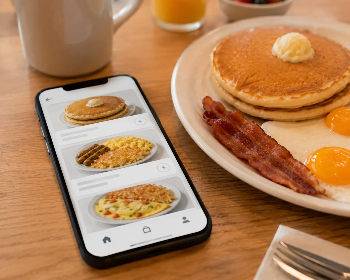 Phone with a food ordering app at a diner table, related to the IHOP app and online ordering
