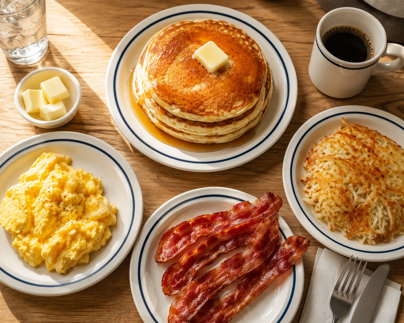 Full breakfast spread with pancakes, eggs, and bacon, related to IHOP breakfast menu prices