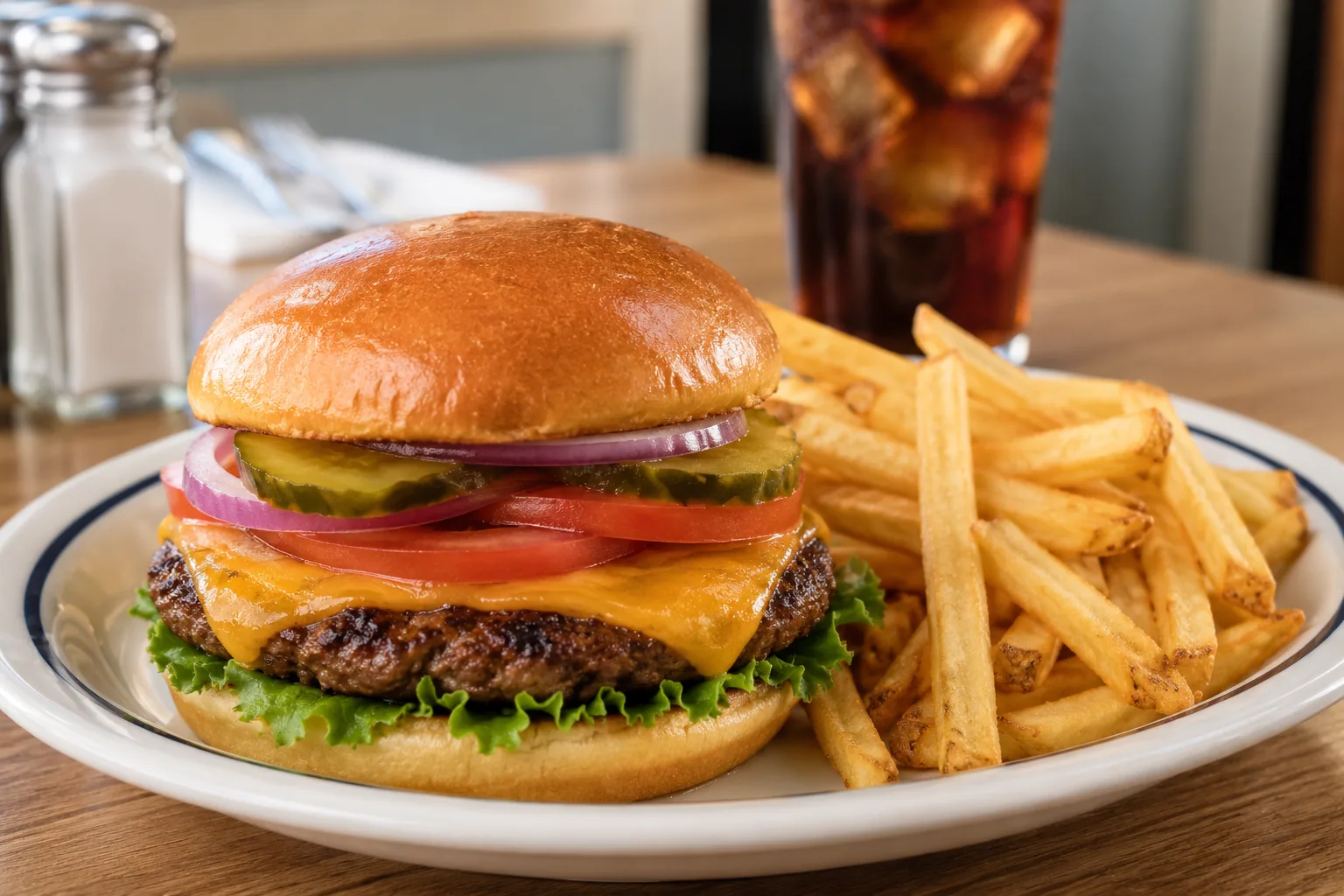Diner-style burger with fries, related to IHOP sandwiches and burgers menu prices