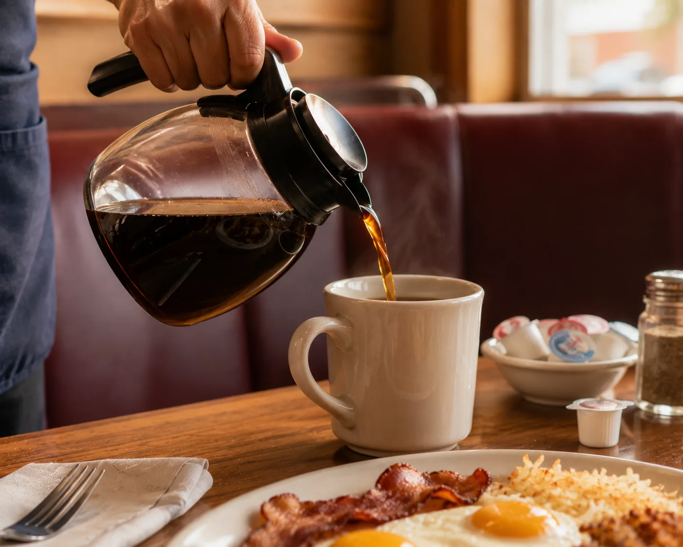 Server pouring a coffee refill at a diner table, related to IHOP's bottomless coffee