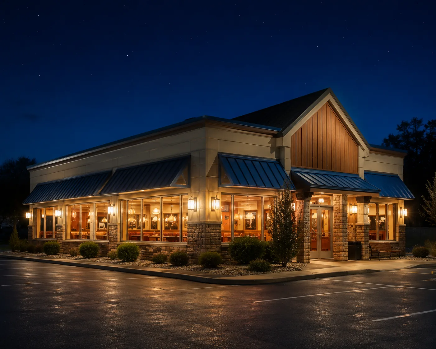Diner exterior glowing at night, related to IHOP hours and locations near me