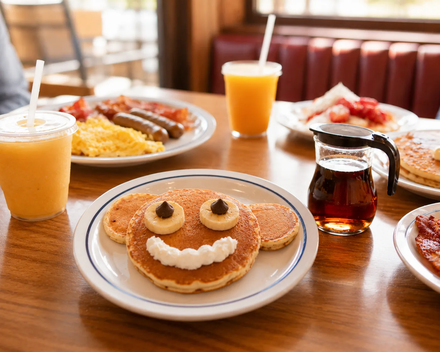 Kids pancake plate at a diner table, related to IHOP's kids eat free deal