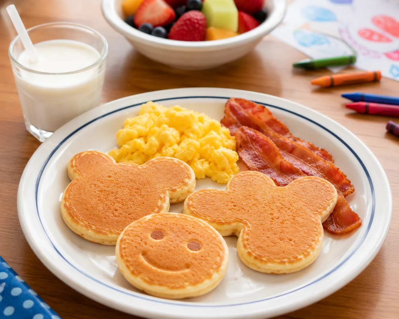Colorful kids breakfast plate with pancakes and milk, related to IHOP kids menu prices