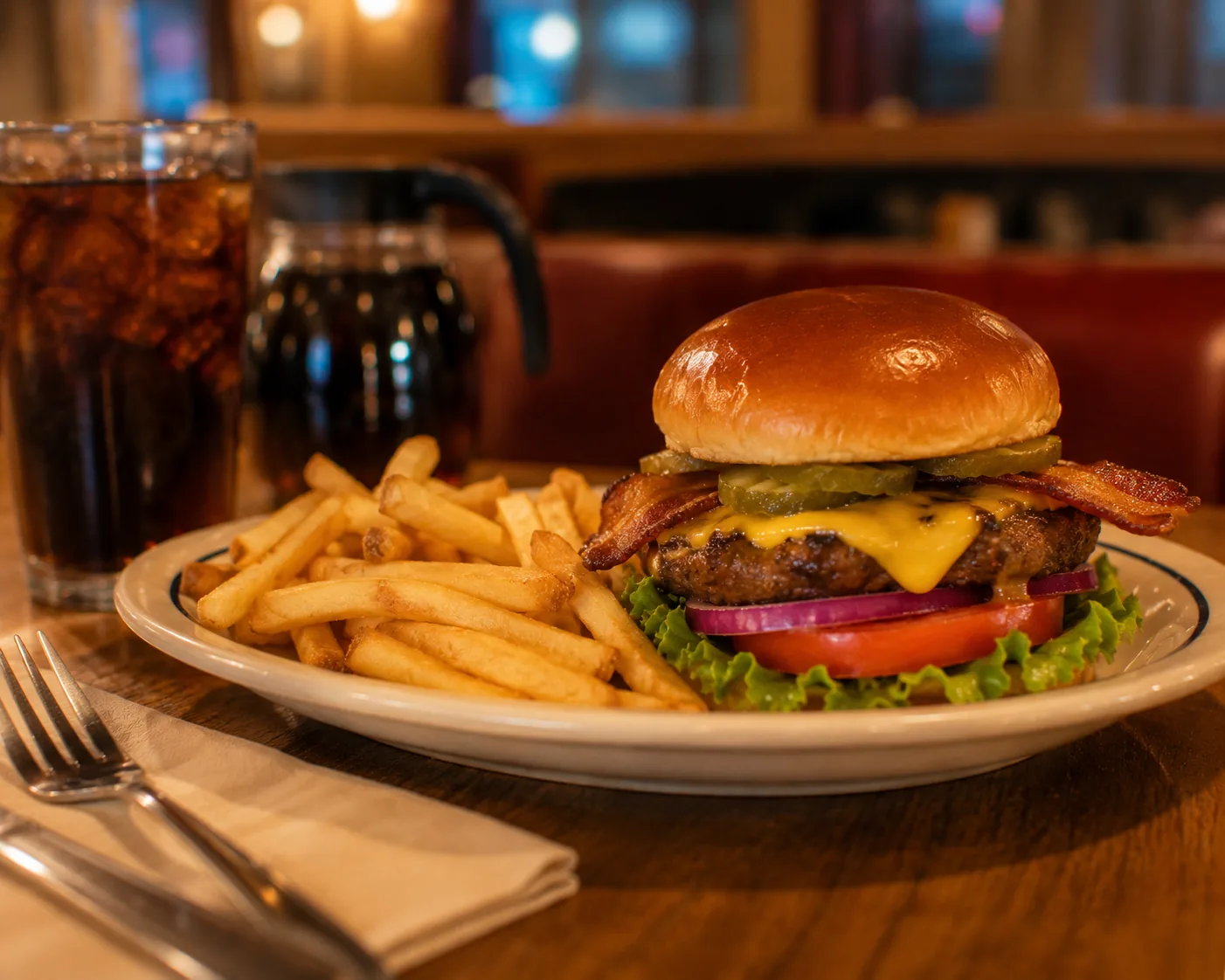 Burger and fries plate at a diner table in the evening, related to IHOP's lunch and dinner menu prices