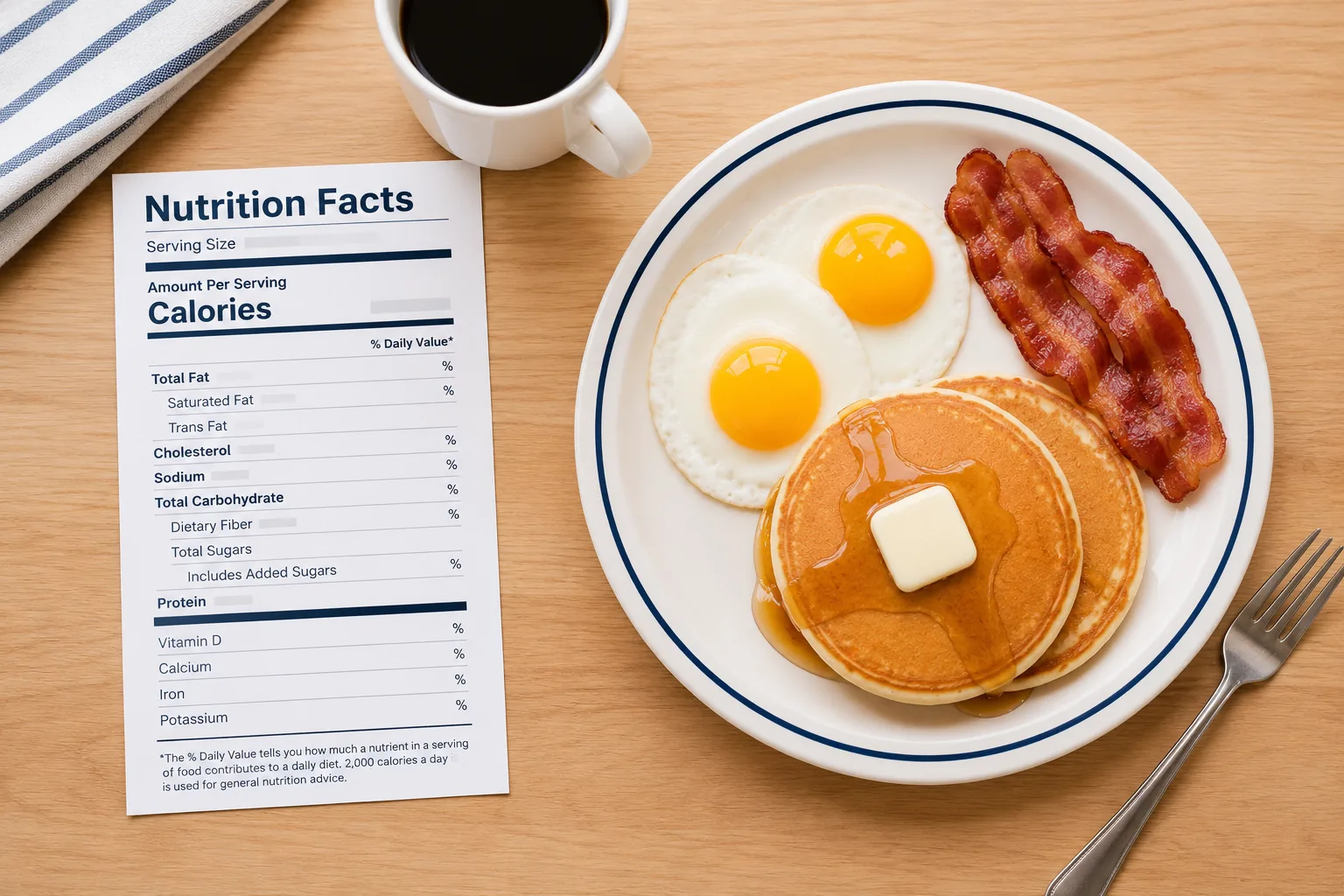 Breakfast plate with a nutrition facts card, related to IHOP calories and nutrition information
