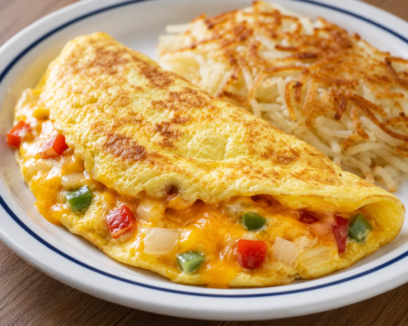 Folded breakfast omelette with cheese and peppers, related to IHOP breakfast menu
