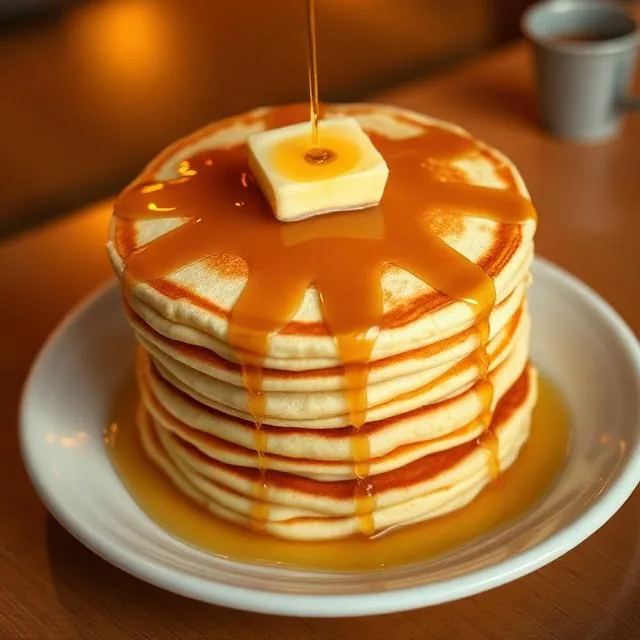 Tall stack of buttermilk pancakes with syrup, related to IHOP's pancakes menu prices