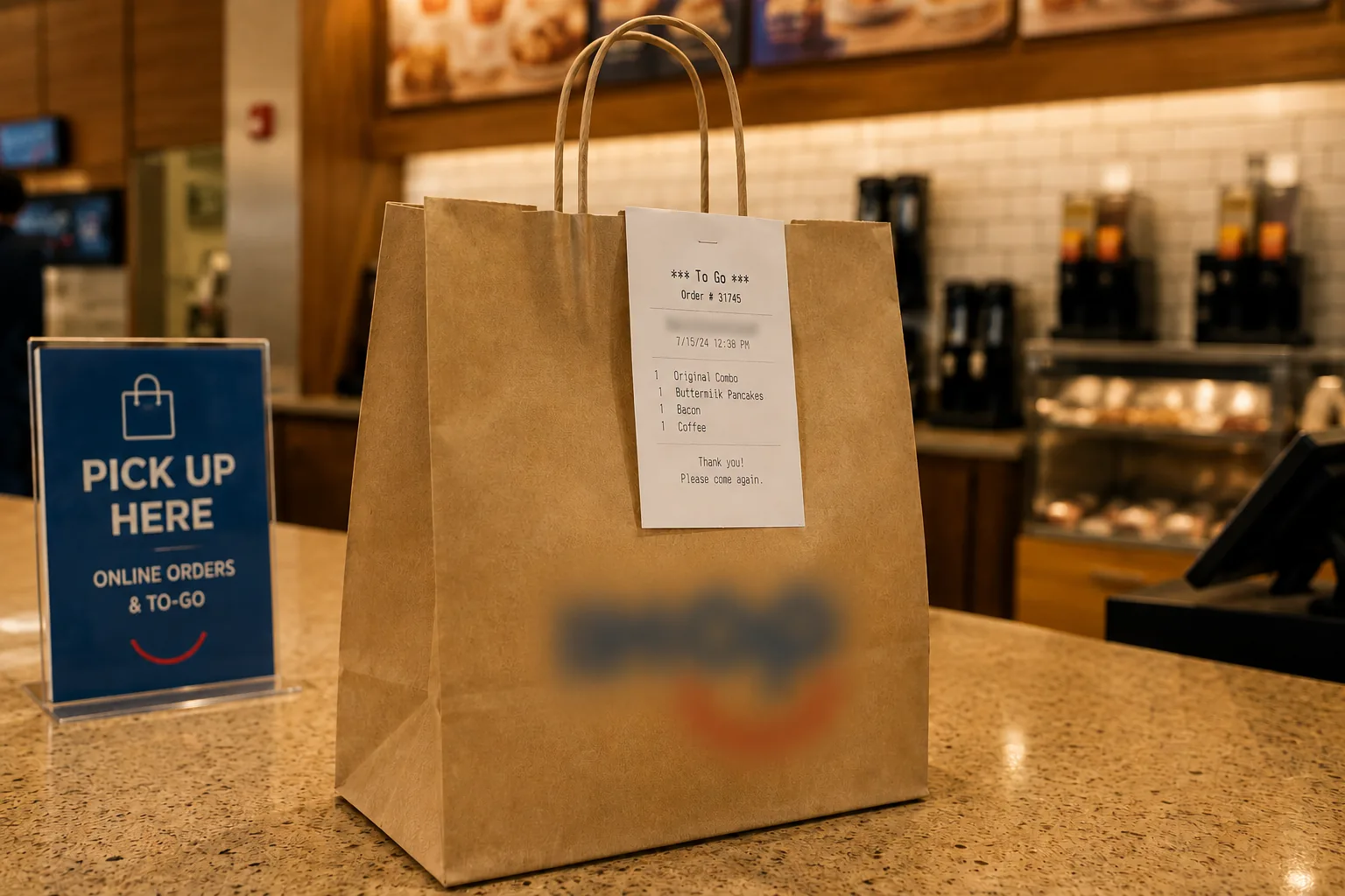 Takeout order at a diner counter, related to ordering directly for IHOP deals and savings