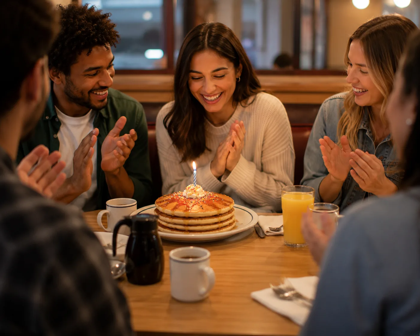 Free stack of pancakes on a table, related to IHOP's rewards program welcome offer