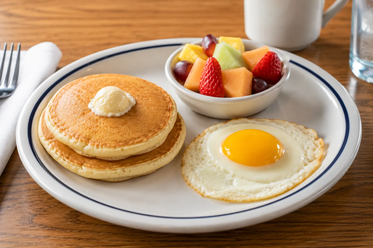 Lighter breakfast plate with pancakes and fruit, related to IHOP senior menu prices