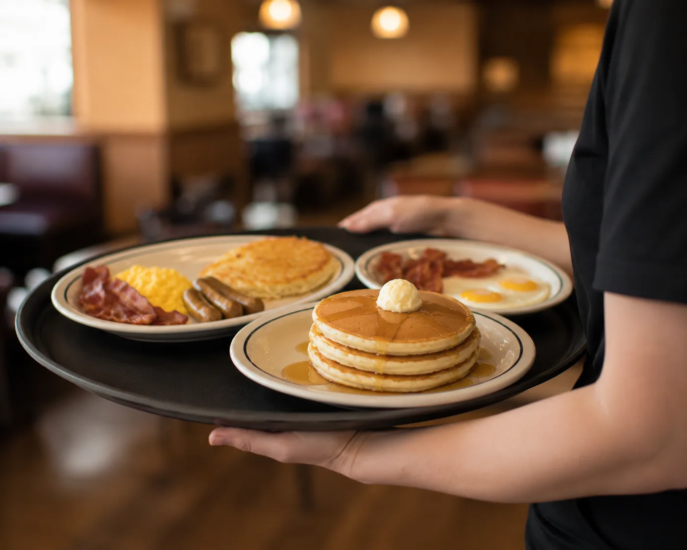 Server carrying a tray of breakfast plates, related to IHOP server jobs and pay
