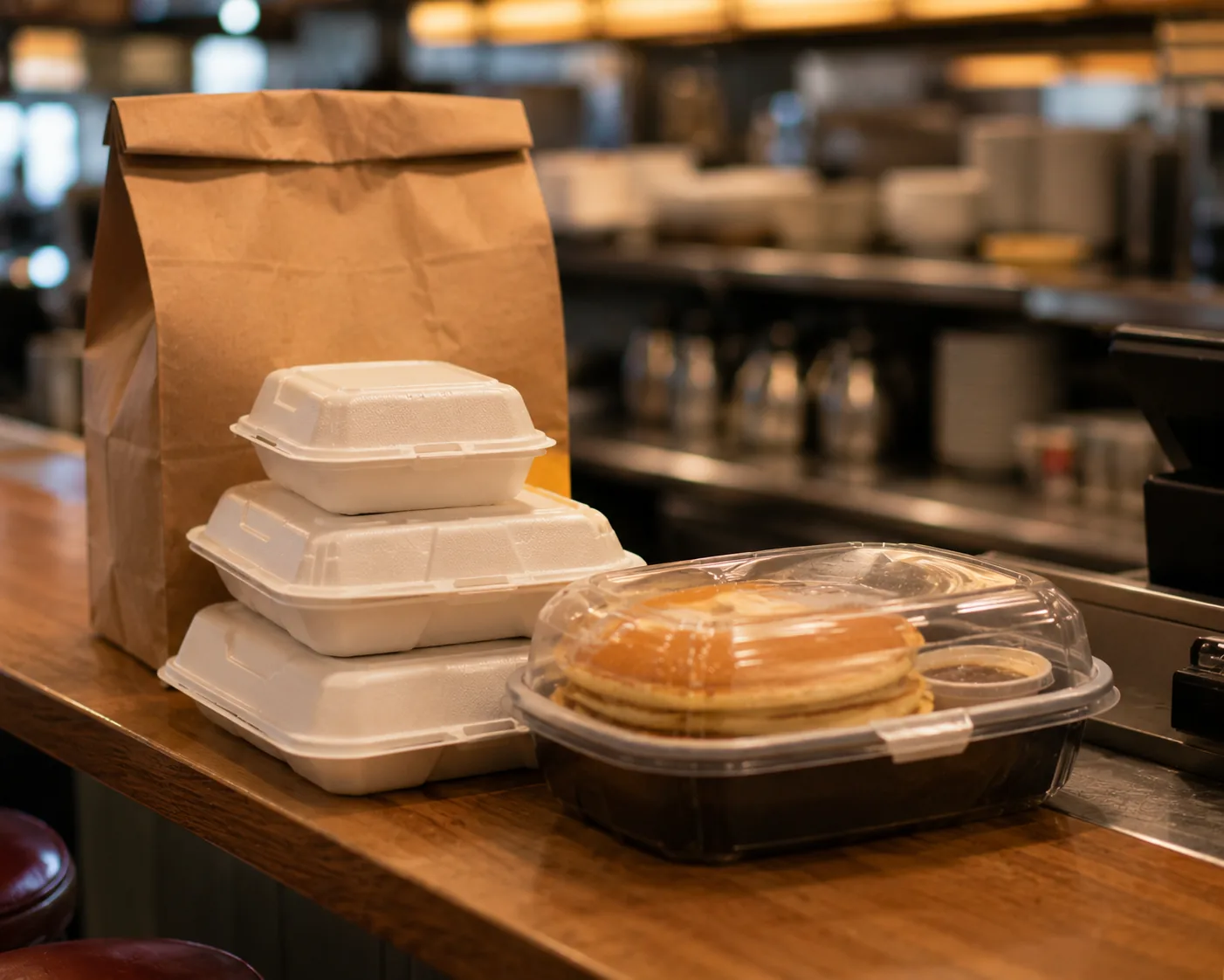 Takeout food containers on a counter, related to IHOP's online ordering and 'N GO platform