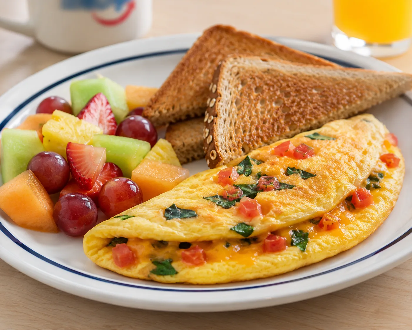 Vegetarian breakfast plate with omelette and fruit, related to IHOP's vegetarian menu options