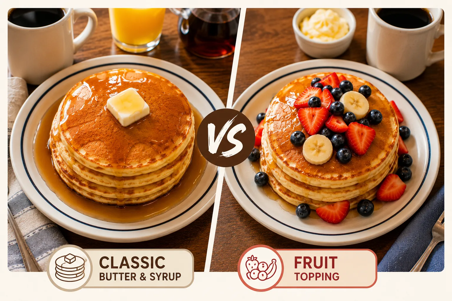 Two pancake stacks side by side, related to comparing IHOP and Cracker Barrel pancakes