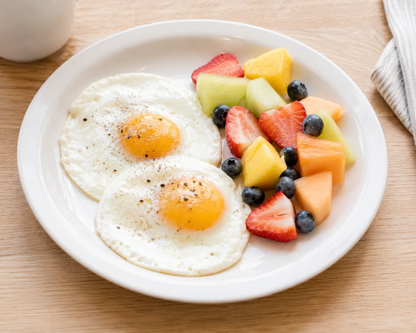 Light breakfast plate with eggs and fresh fruit, a lower-calorie IHOP menu option