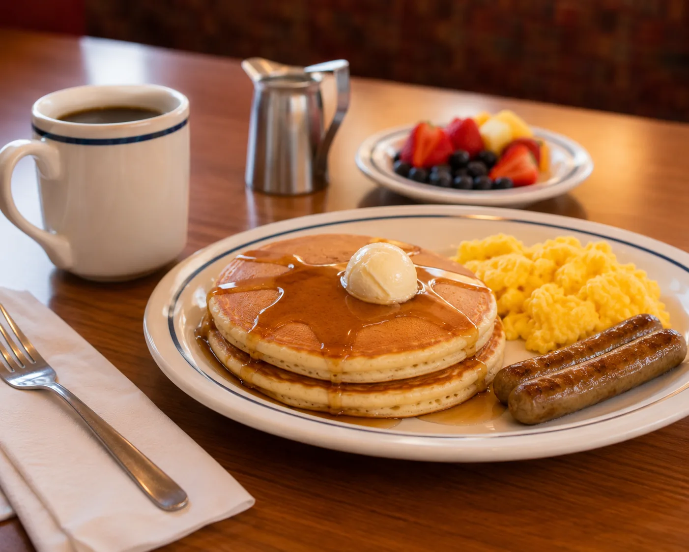 Plato de panqueques y café, relacionado con el menú de IHOP en español