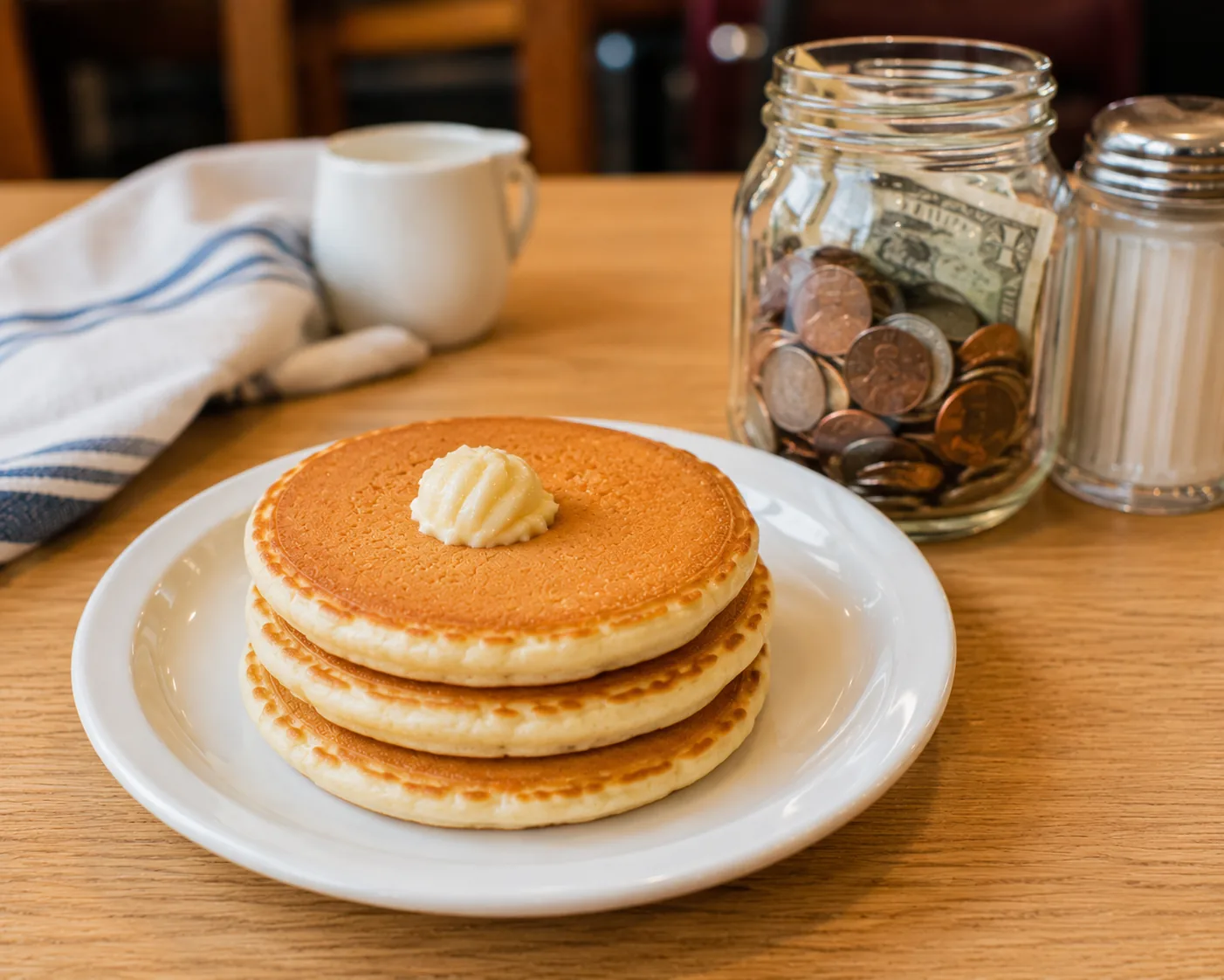 Short stack of pancakes with a donation jar, related to IHOP's National Pancake Day
