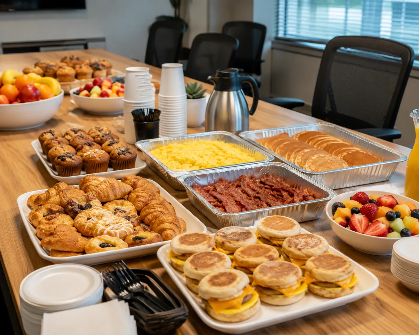 Office breakfast catering setup with trays, related to IHOP catering menu options