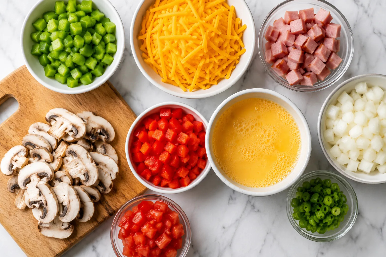 Omelette filling ingredients laid out, related to IHOP's Build-Your-Own omelette option