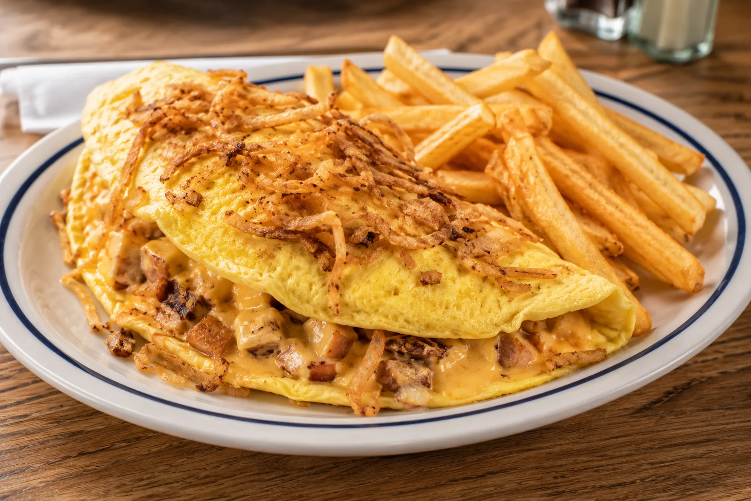 Omelette with onions and french fries, an IHOP secret menu customization