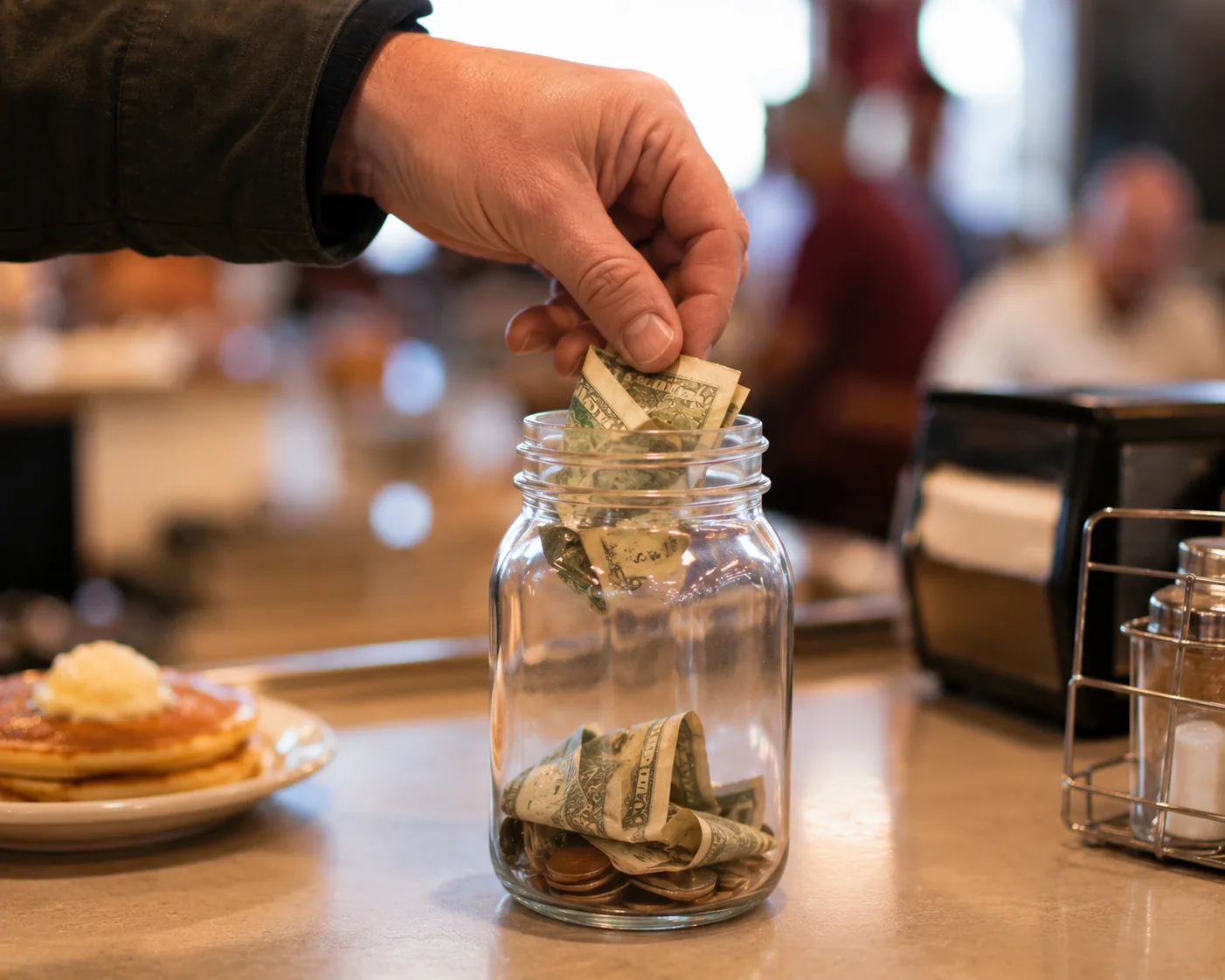 Donation jar on a diner counter, related to the charitable side of IHOP's National Pancake Day