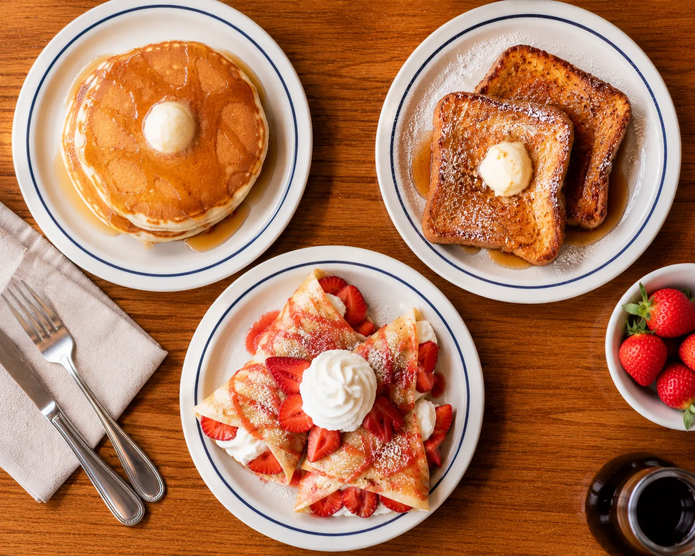 Pancakes, French toast, and crepes side by side, comparing IHOP's sweet breakfast options