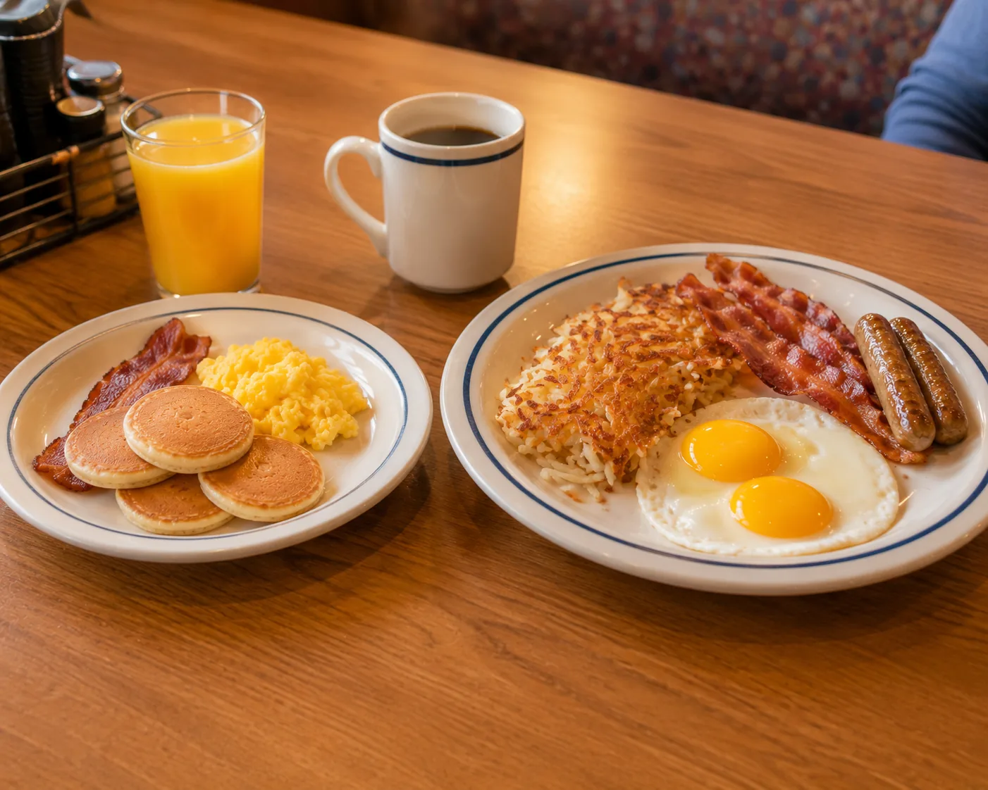 Dos platos pequeños lado a lado, relacionados con el menú infantil y de personas mayores de IHOP