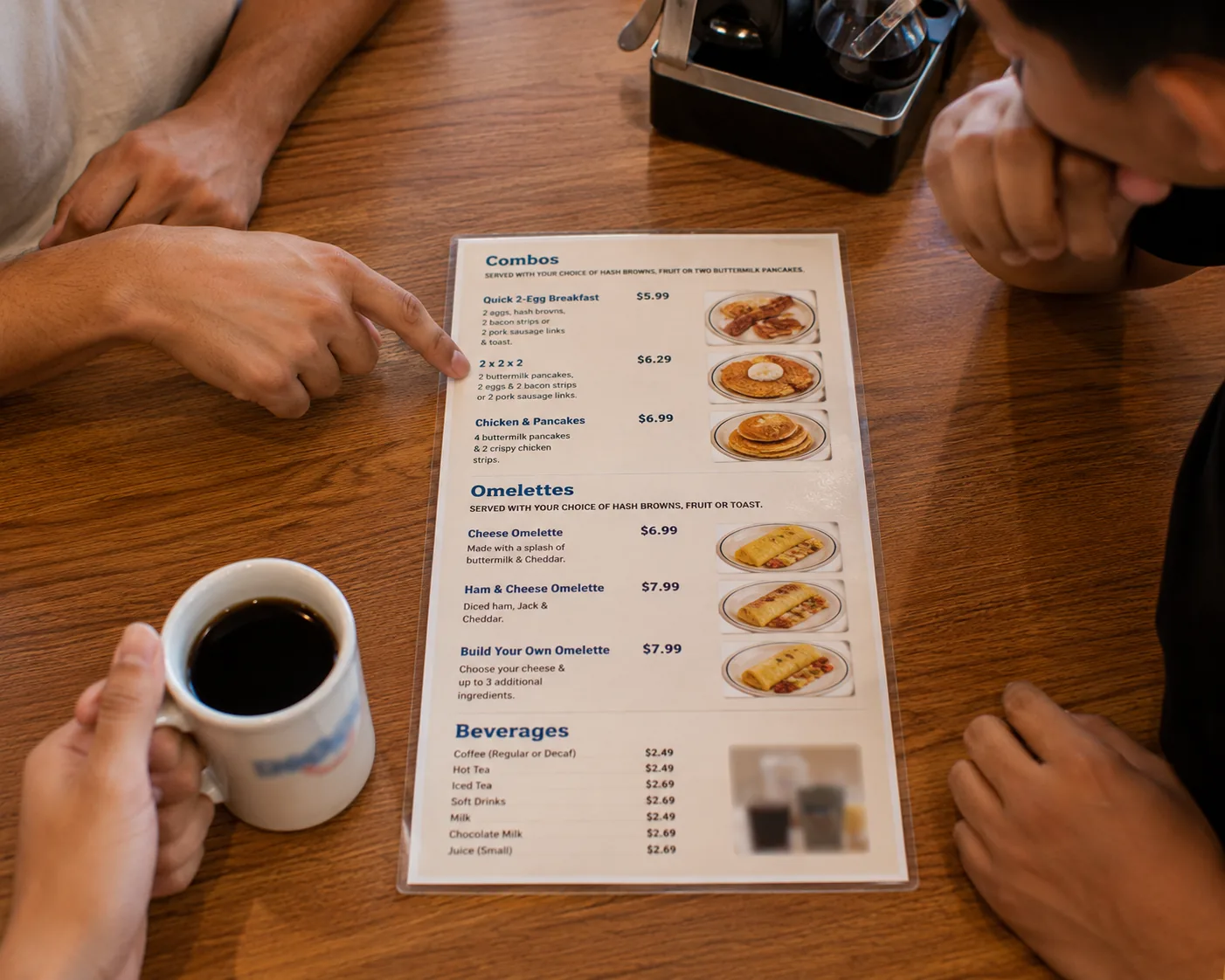 Hand pointing at a diner menu, related to choosing the cheapest options on the IHOP menu