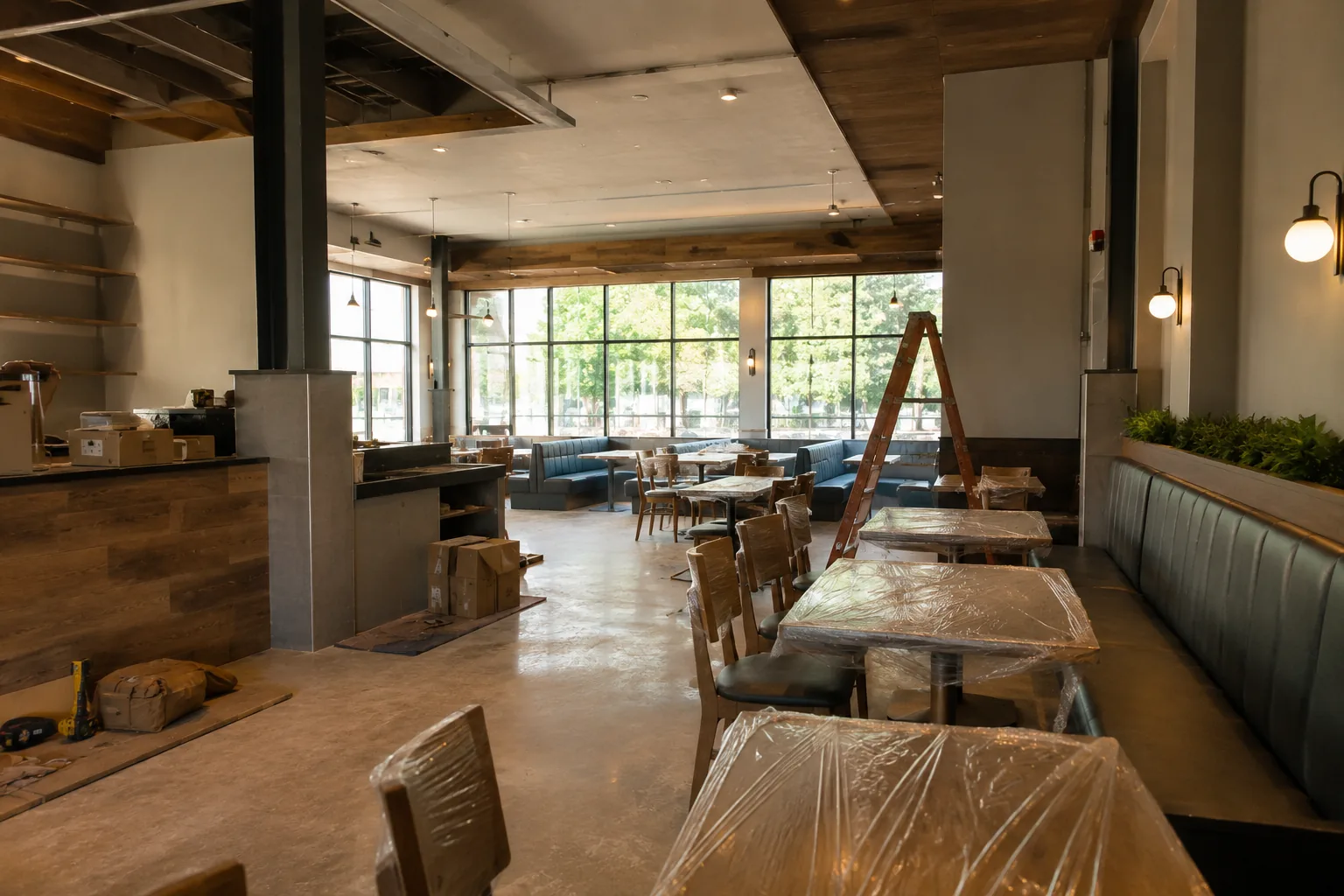 Restaurant dining room mid-renovation, related to the build-out costs of an IHOP franchise
