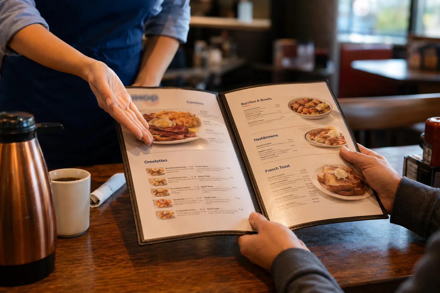 Server discussing menu options at a diner table, related to IHOP allergen and gluten-friendly ordering
