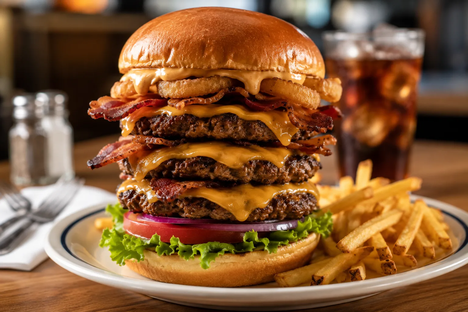 Tall stacked burger with multiple patties, related to IHOP's Monster Burger