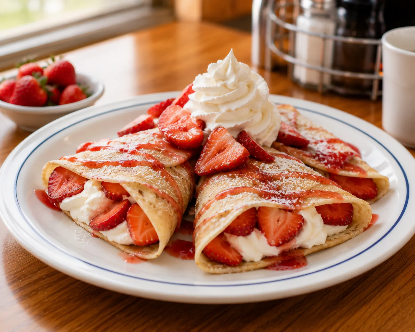 Strawberry crepes with whipped topping, related to IHOP's crepes menu prices